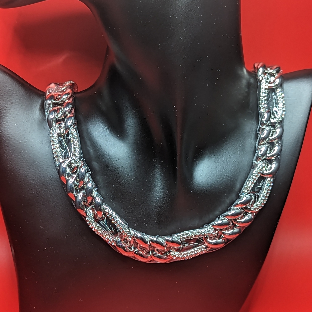 Chunky Silver Stainless Steel Chain Necklace With Crystals